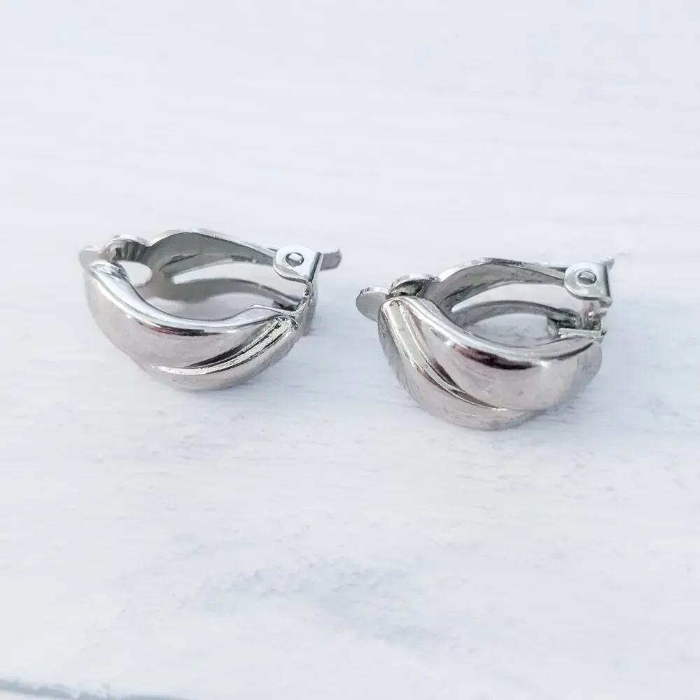 Vintage Clip On Earrings Silver Tone Stylish Hoop Like 7/8